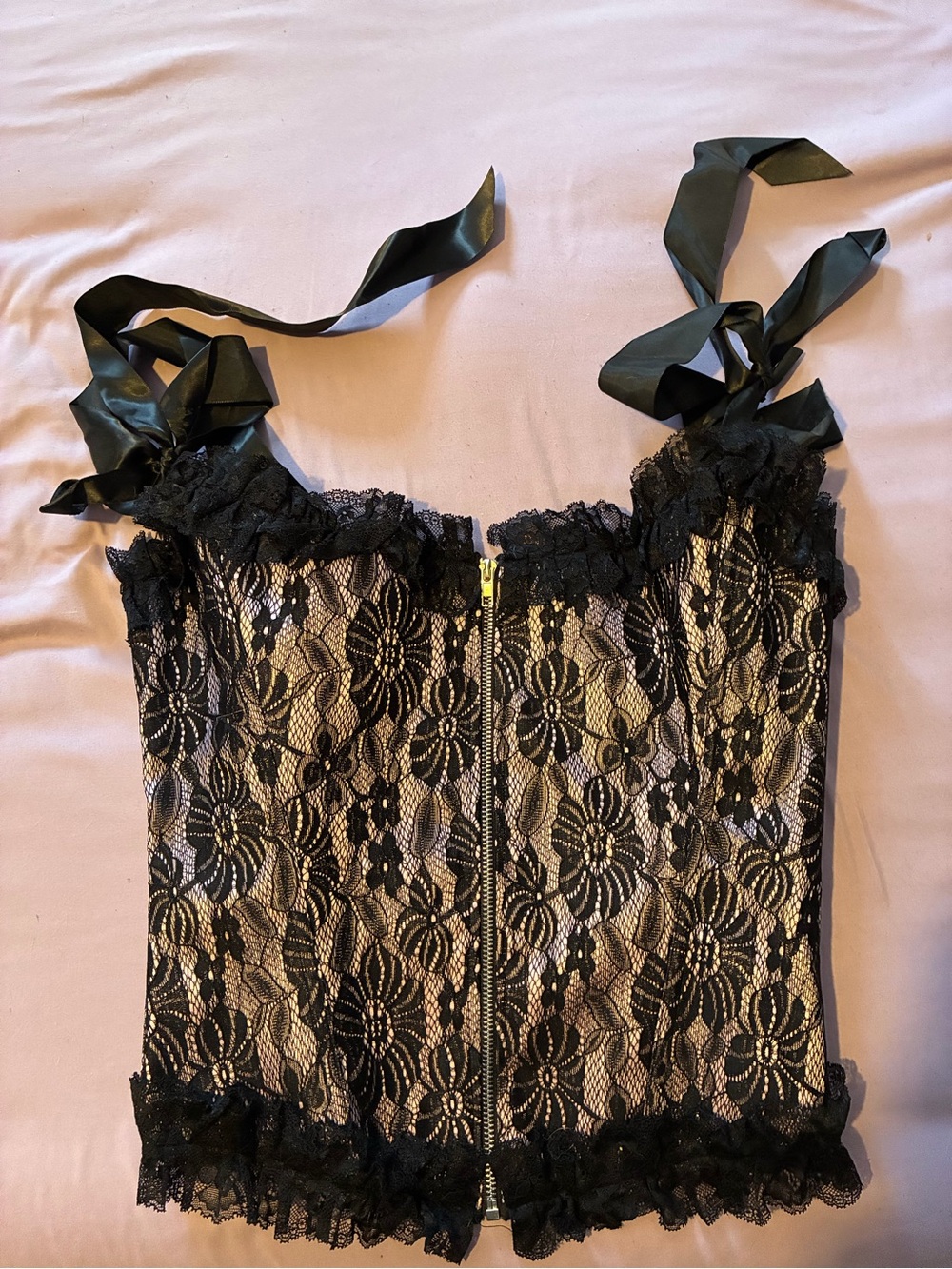 SHEIN Black Lace Floral Corset Top with Ribbon Straps